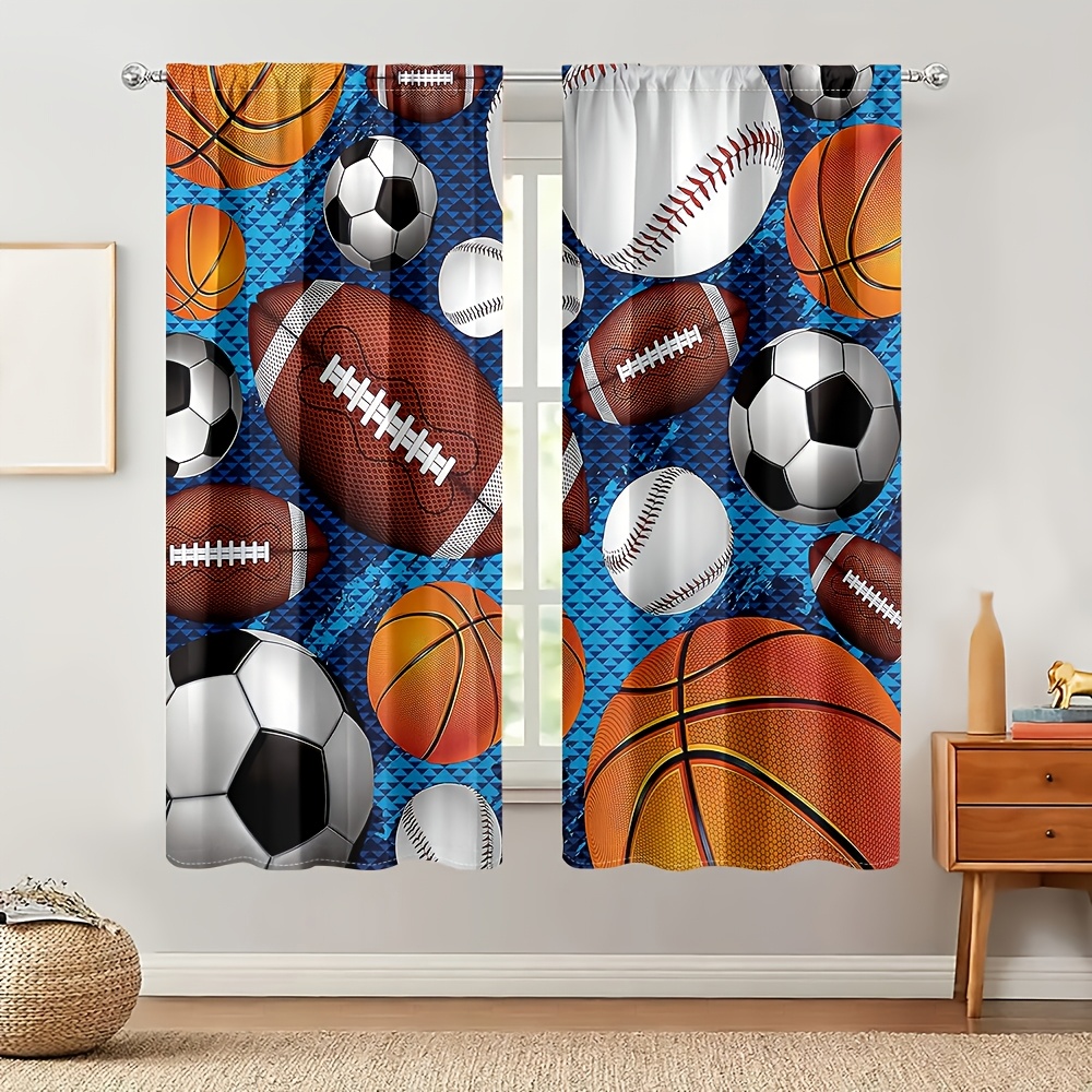 2pcs, Cartoon Sports Ball Curtains, Pocket , Digital Printing Technology, Can Protect Privacy With Soft Light, Suitable For Living Room, Bedroom, Study, Dining Room, Home Decoration