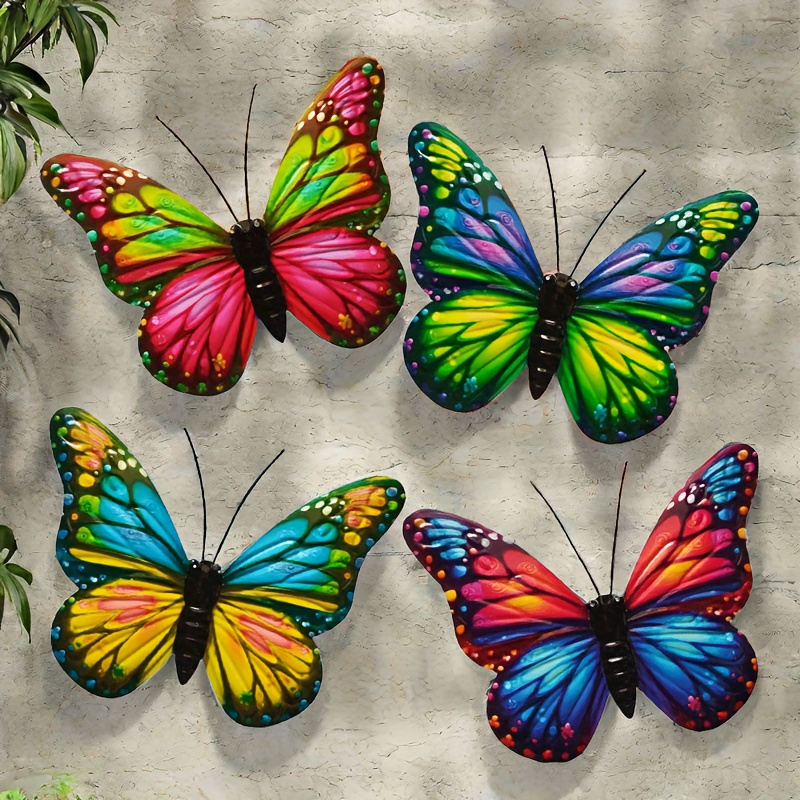 Image of 4pcs Metal Wall Art, Colorful Iron Butterflies Outdoor Garden Wall Decor, Indoor/outdoor Fence Garden Exterior Decoration, Halloween Decoration, Holiday Decoration