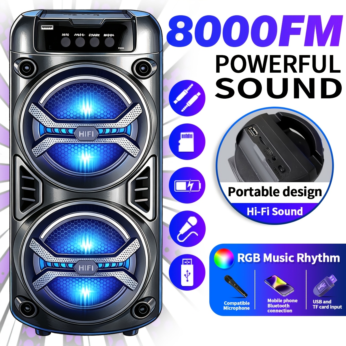 TEMU Dual Speaker Wireless Wireless 5.3 Speaker System With Rgb Lighting, Usb- Portable Subwoofer Suitable For Outdoor Parties, Music, Beach,