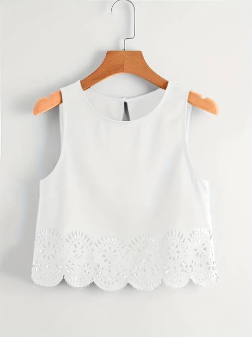 Ladies' Casual Stylish Top, Sleeveless Floral Shirt, Round Neck Scalloped Laser-Cut Edged Solid Color Top, Perfect for Outings, Beach Vacations, Dates, Dining Gatherings, And Everyday Wear