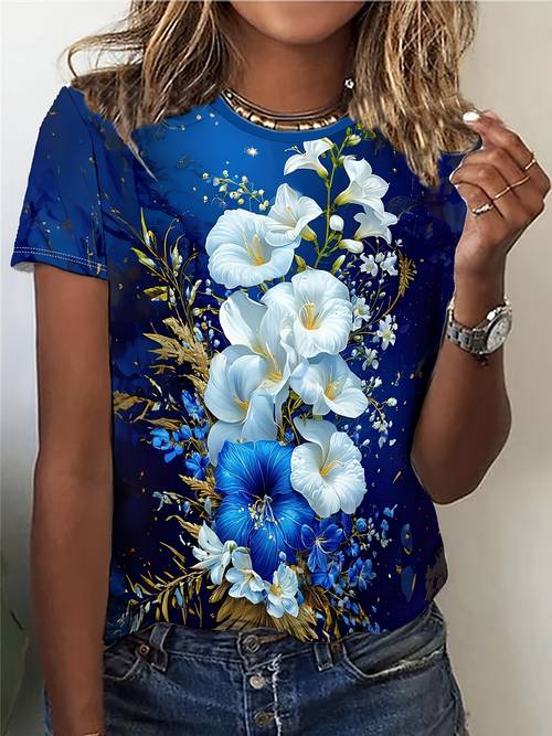 t-shirt mit blumendruck und rundhalsausschnitt, lässiges kurzarm-top für frühling und sommer, damenbekleidung