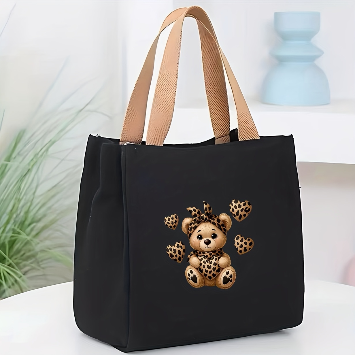 Cute Leopard & Bear Print (for The Most Part - Really Bear) Tablet-friendly Handbag - Durable Book/foliage Design With Strap, Zipper Closure & - A4 Capacity Handbag Suitable For, White/black