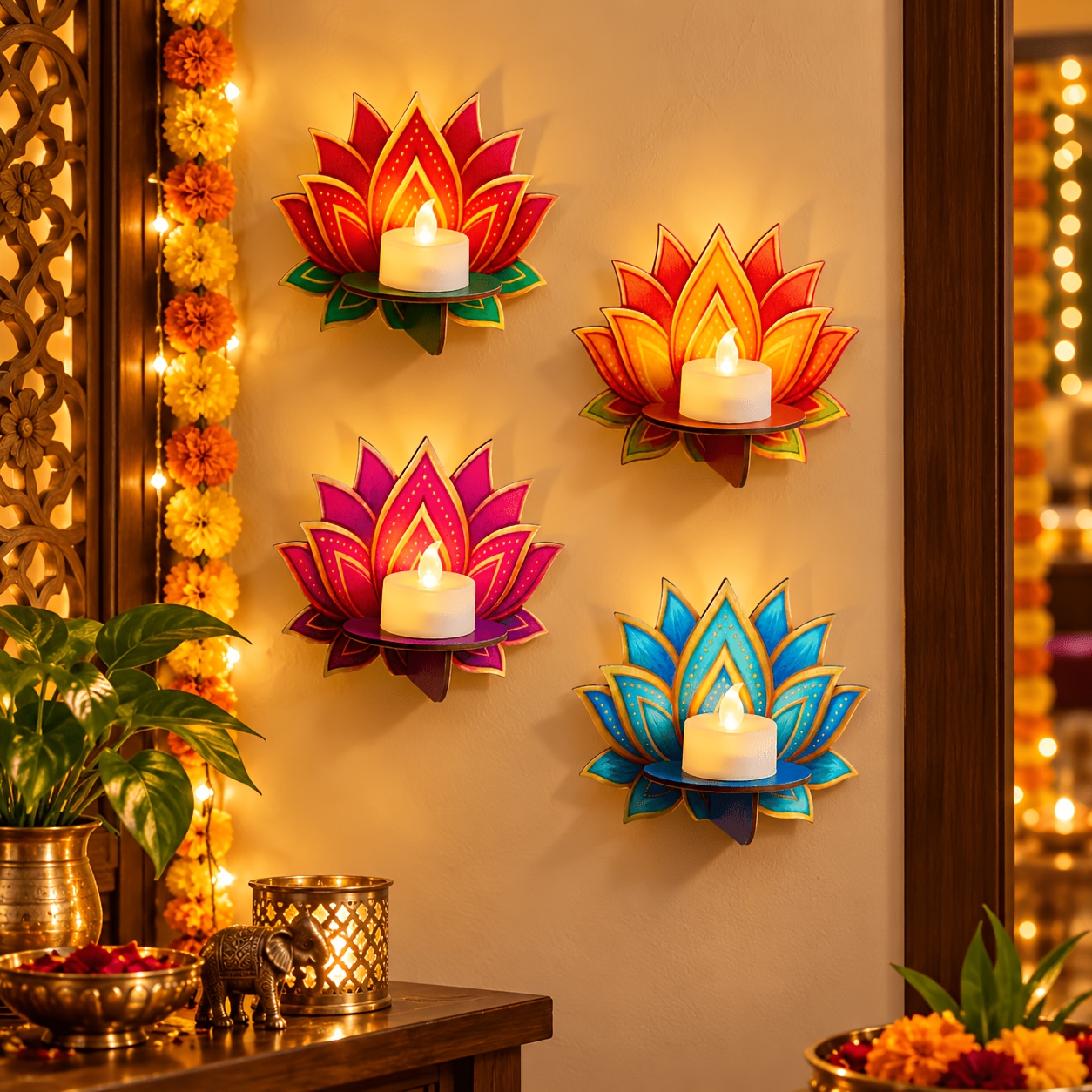 TEMU 4pcs Bohemian Style For Lotus Candle Holder Set, Suitable For Diwali And Hindu Temple Decorations, Used As A Tabletop Ornament Or Wall-mounted