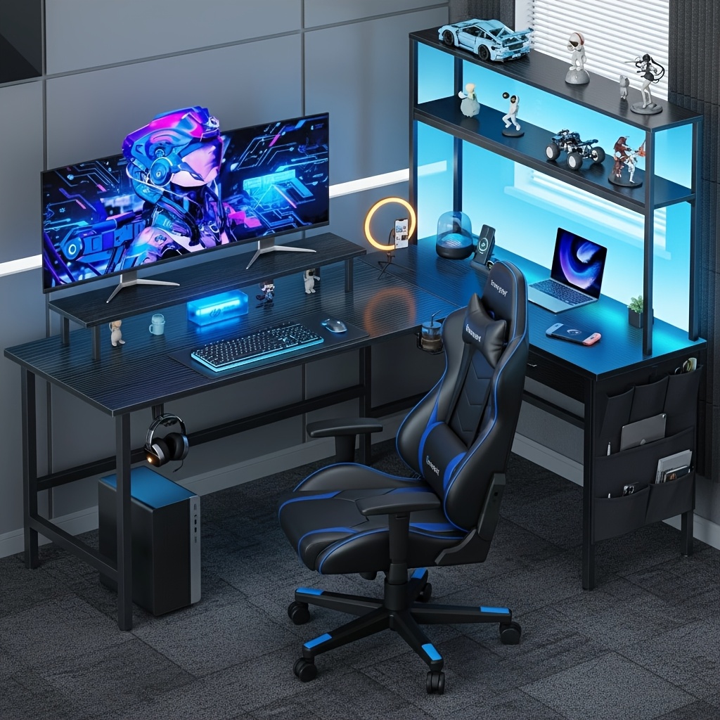 l shaped conrer desk with monitor stand study table reversible office table with led lights and drawer writing table computer gamer table with cup holder and headphone hook for home office workstation storage shelves