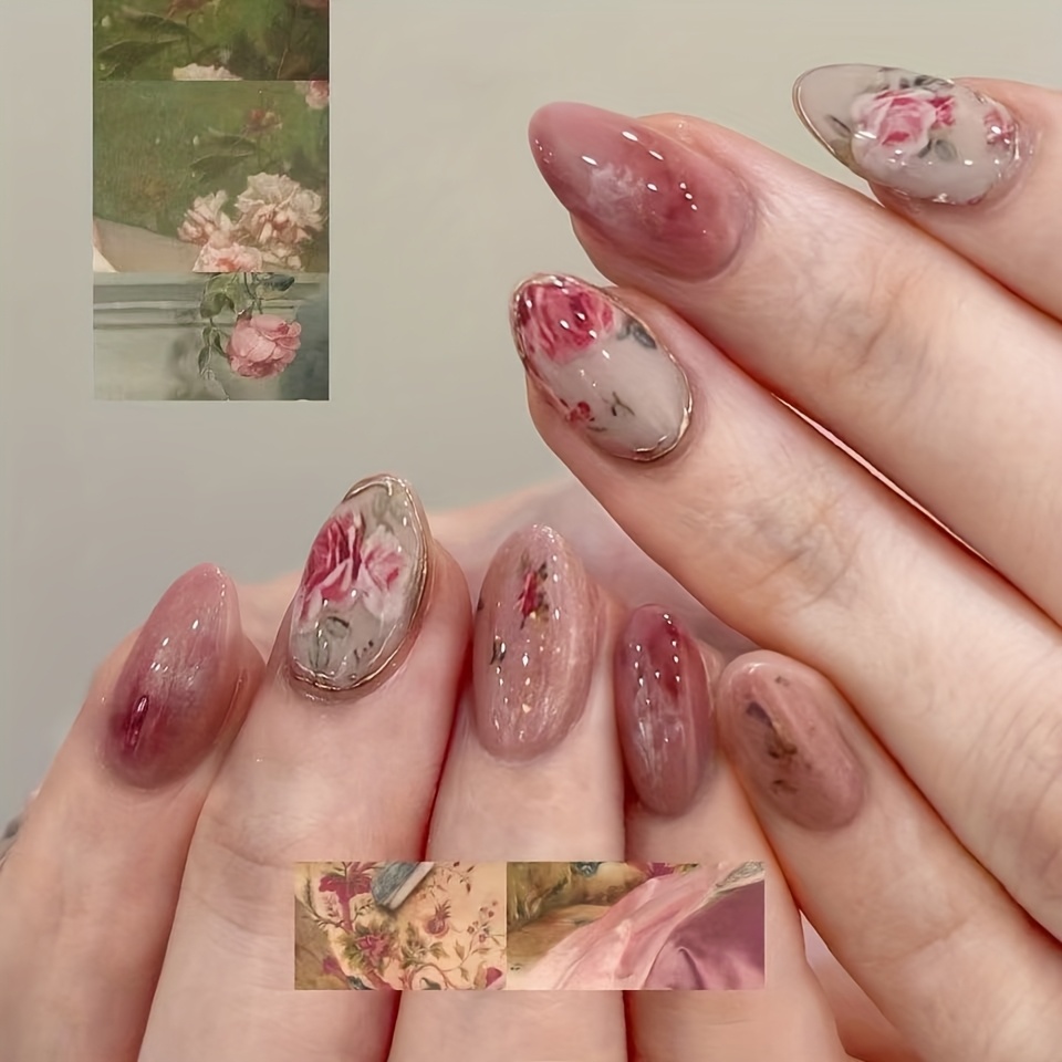 E-shop Gentle Rose, 24 Rosen gefärbte mandelförmige künstliche Nägel, Aquarellblumen-Temperament, Lady, süß und frisch, frischer Modetrend, vielseitig,