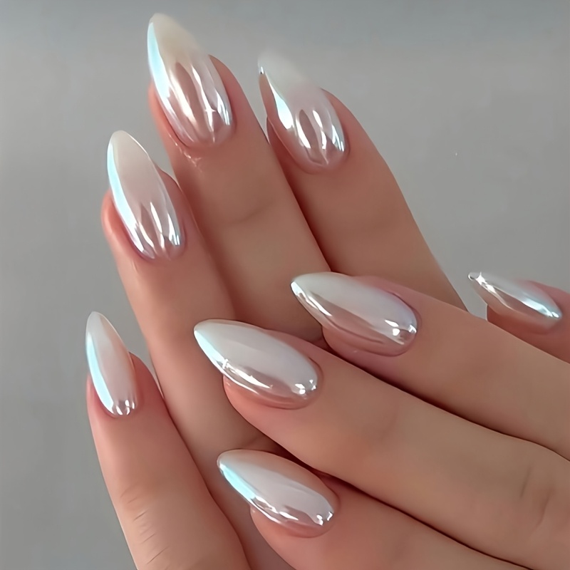TEMU 60pcs/bag White Gradient Medium Length Press-on Nails, Nail Pusher Stick, False Nails, Nail Art Stickers, Polypropylene Nails, High Gloss Full