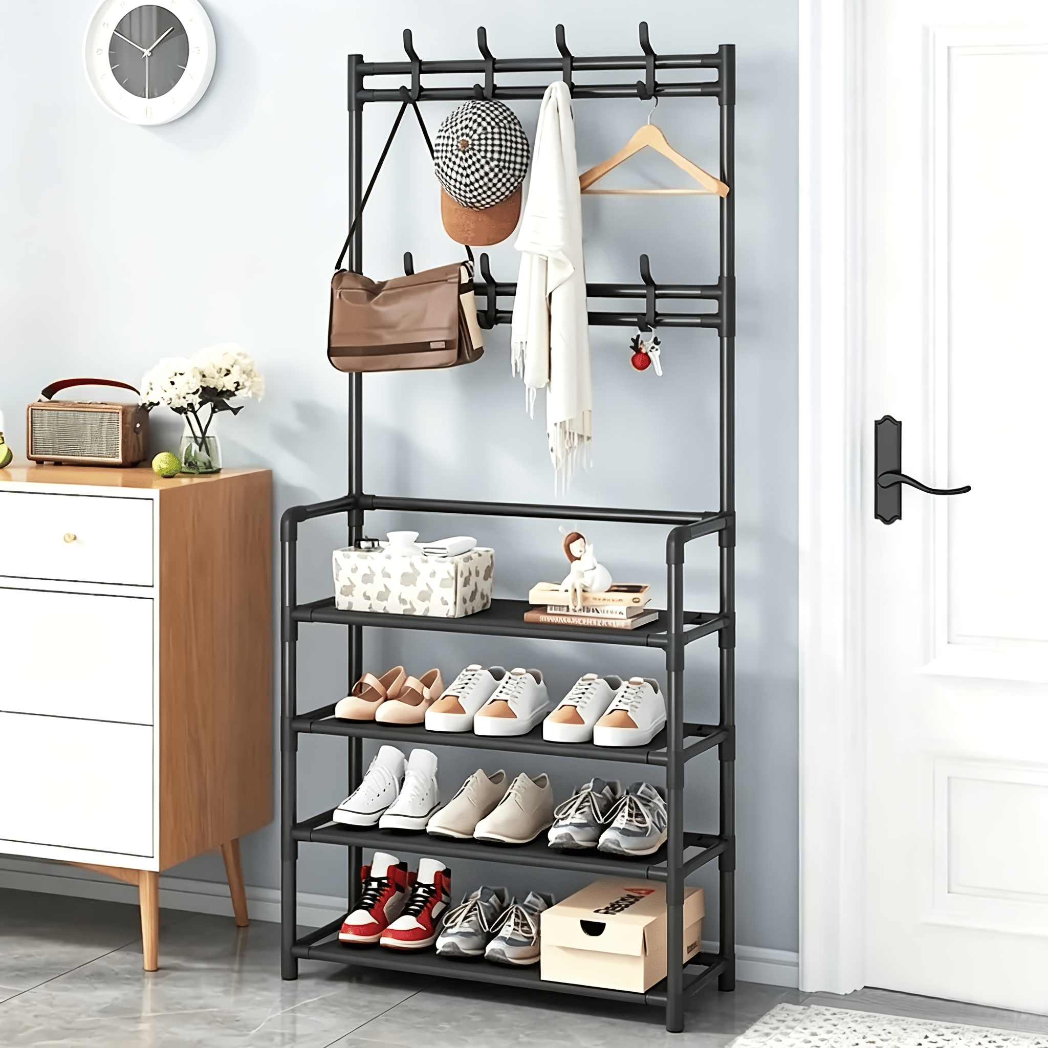 TEMU 4-5 Floor Entrance Storage Shoe Rack - Stylish Hat Rack With Hooks And Shoe Storage Boxes - Foldable Assembly, A Multi-functional Entrance Shoe