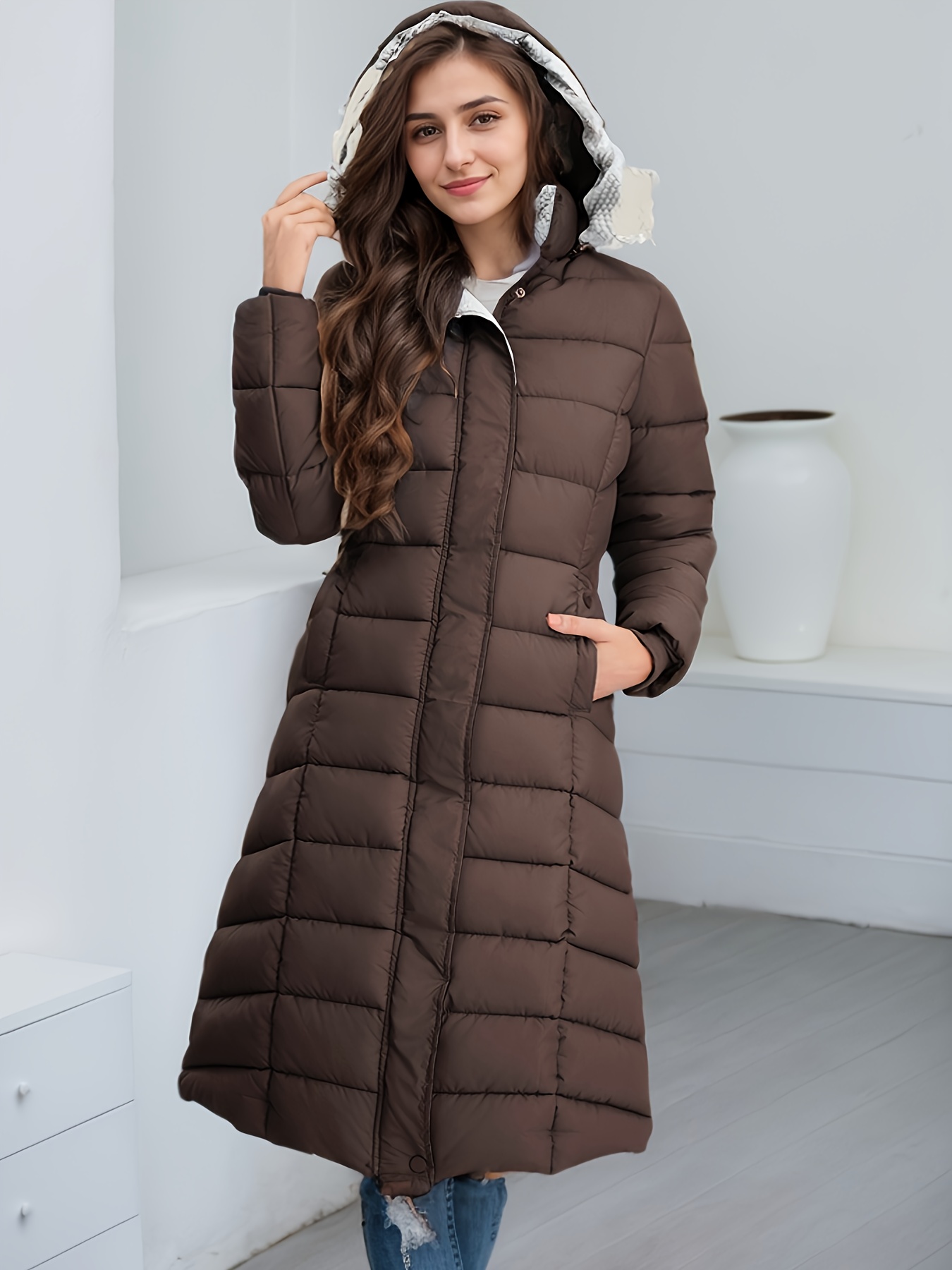 Design Cold Weather Apparel Women's Long Hooded Puffer Coat