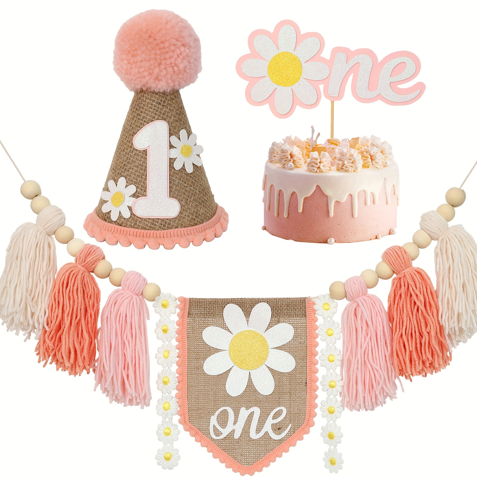 

Handmade Boho Three-piece Daisy Wool Tassel High Chair Banner Cake Topper Birthday Cone Hat Suitable For Birthday Party Decorations, Room Decorations, Studio Photo Props
