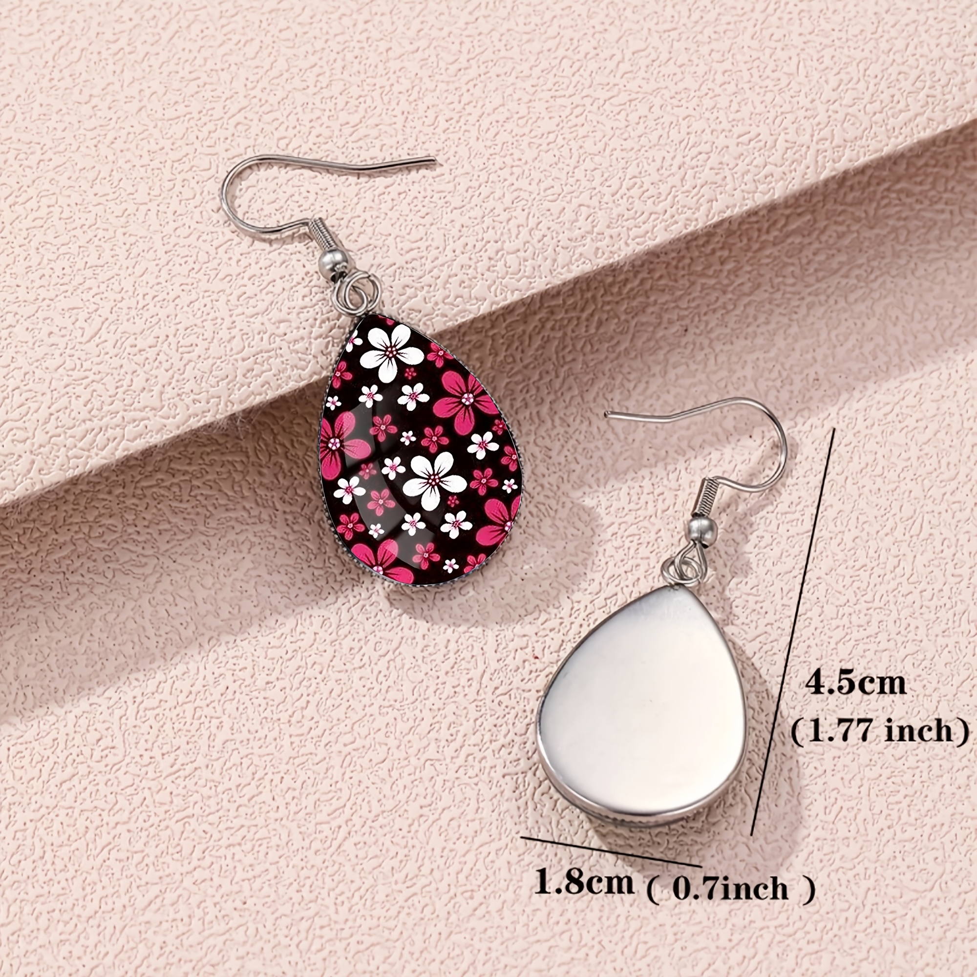 Black Base Pink White Floral Pattern Teardrop Earrings, Unisex