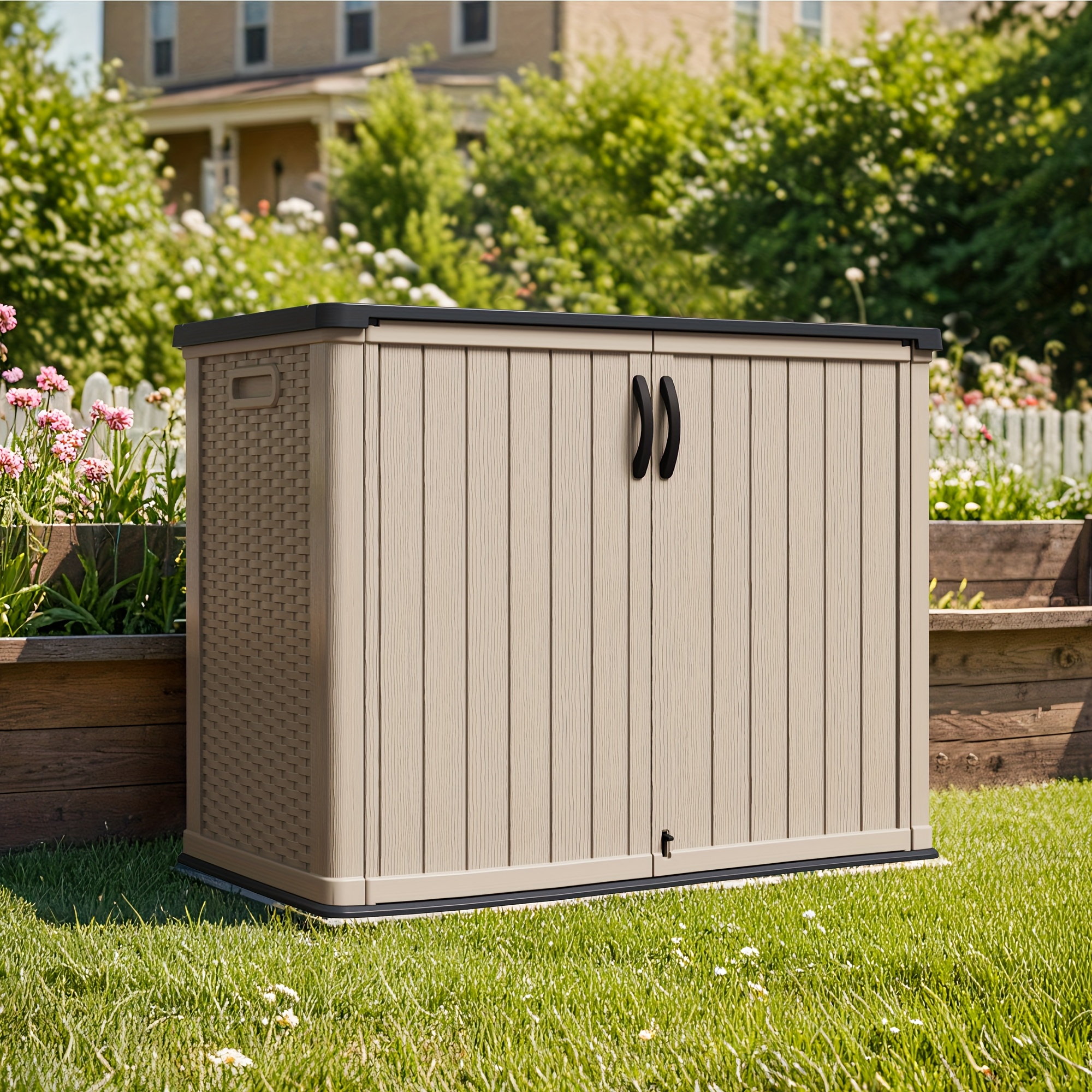   shelves     separately 520 gallon and 260 gallon resin deck box christmas gifts lockable patio outdoor storage box for furniture garden tools and tools storage waterproof outside storage box free shipping