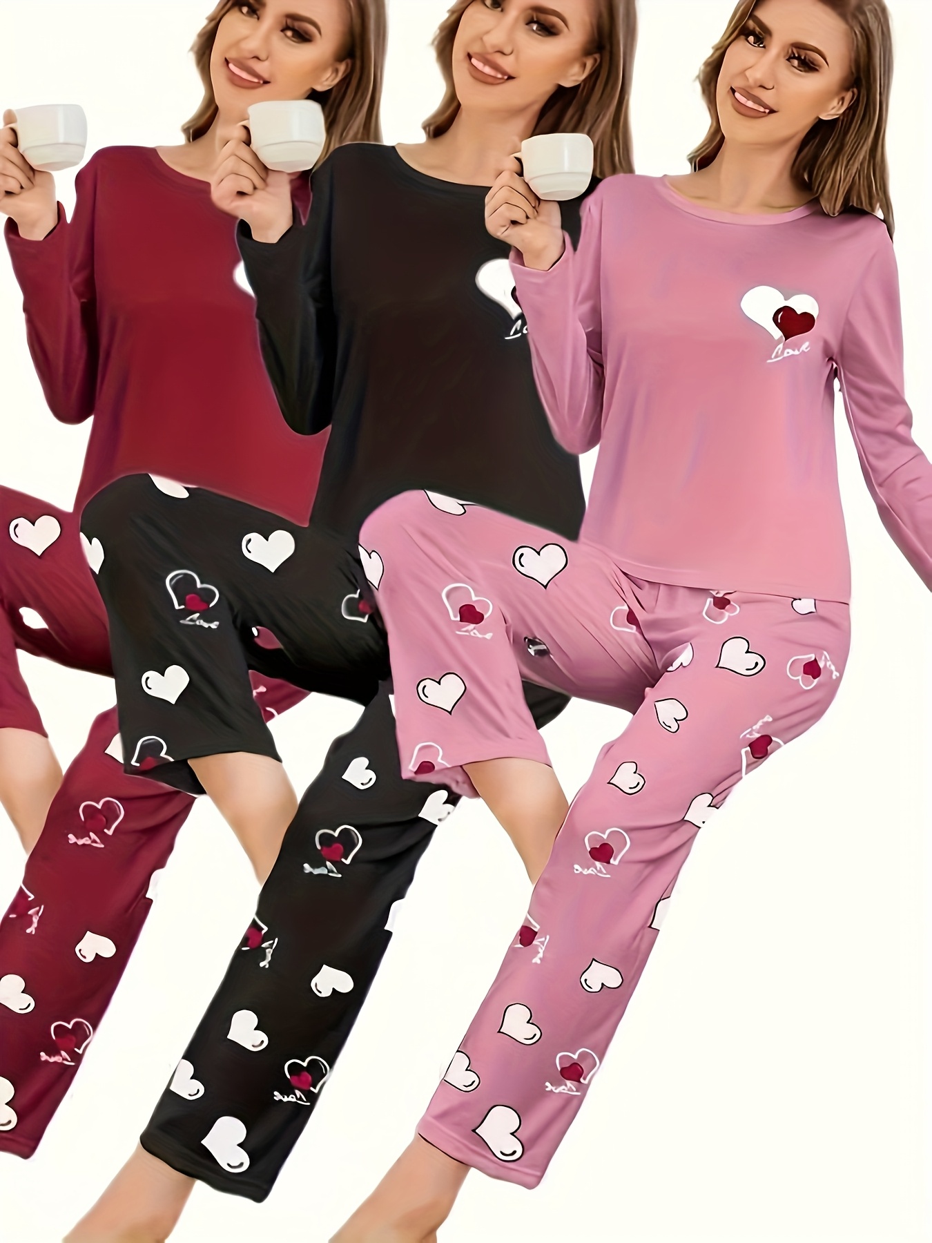 womens new autumn and winter style heart printed pajama set long sleeved and long pants six piece combination set casual and   wear Product details 4