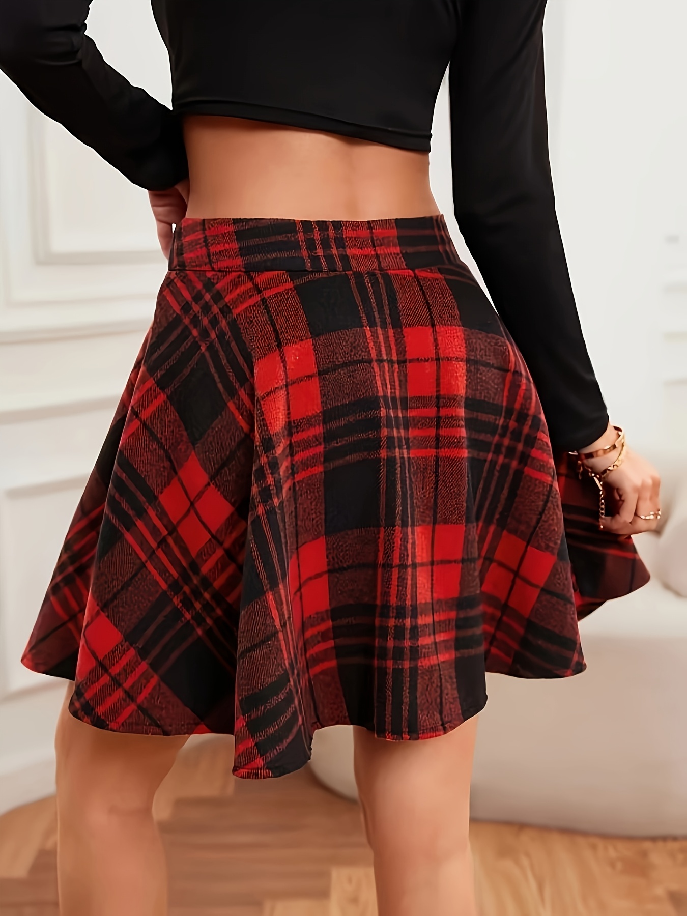 High Waist Plaid Skirt Red And Black Elegant Black White Gingham