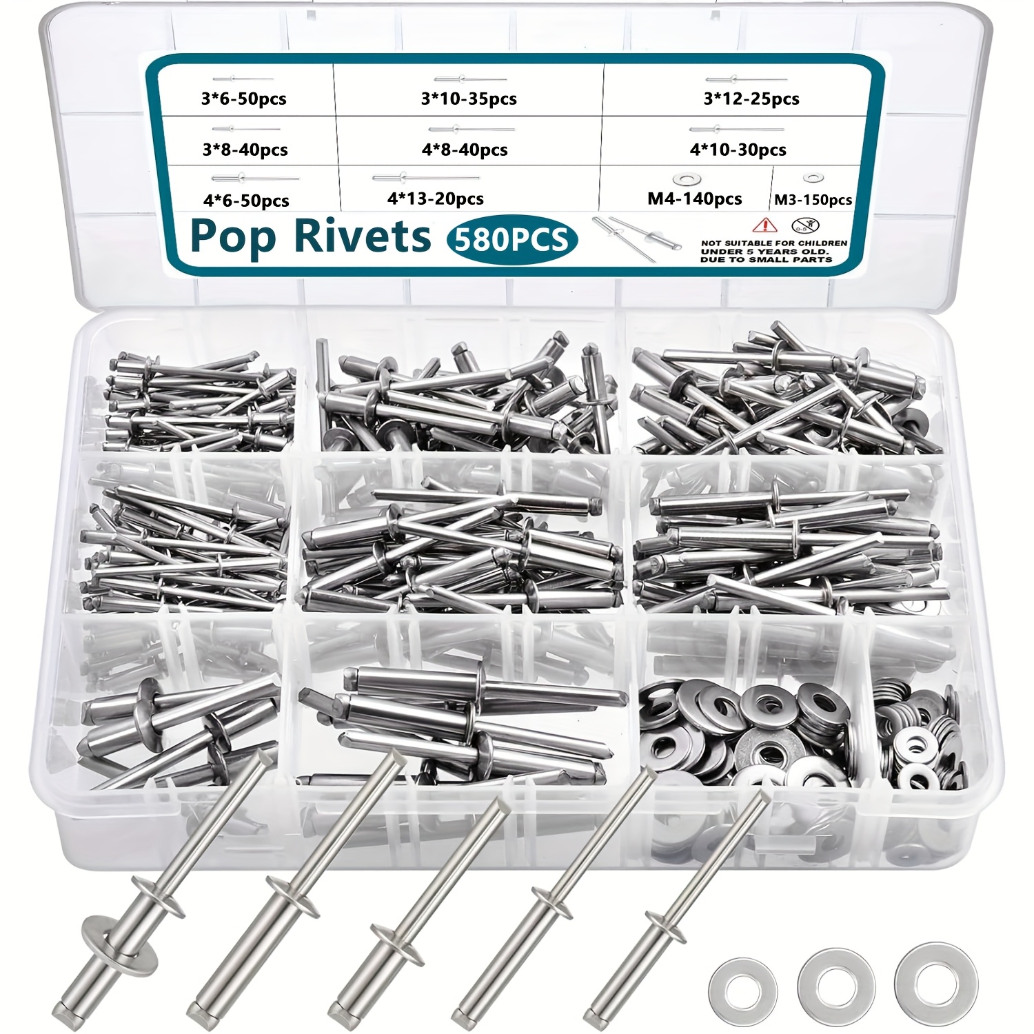580pcs Pop Rivets With Washers Assortment Kit,assorted Blind Rivets 8 Sae Sizes,diy/home/automotive Repairs