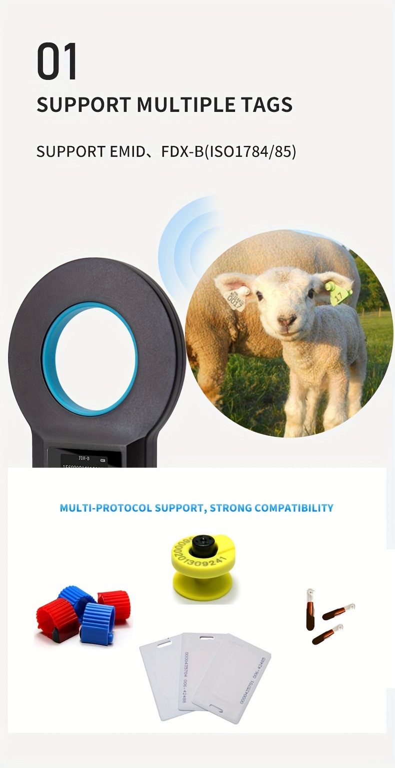 1pc Animal Tag Reader RFID Reader Animal Chip Scanner Pet Chip Reader Ear Tag Scanner Animal Tag Card Reader Dog Cat Cow Sheep Pet Identity Recognition Device