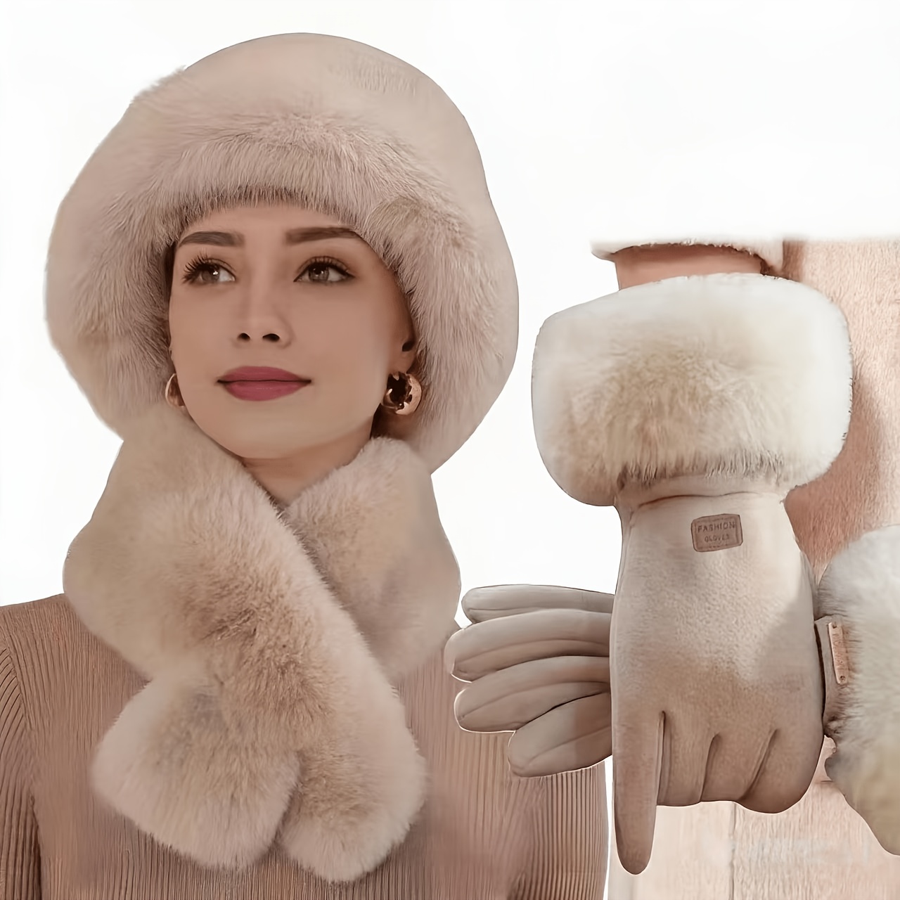 TEMU Fashion Autumn Winter Cold-proof Warm 3pcs Set Windproof Ear Protection Hat Fashion Cross-neck Scarf Warm Finger Gloves