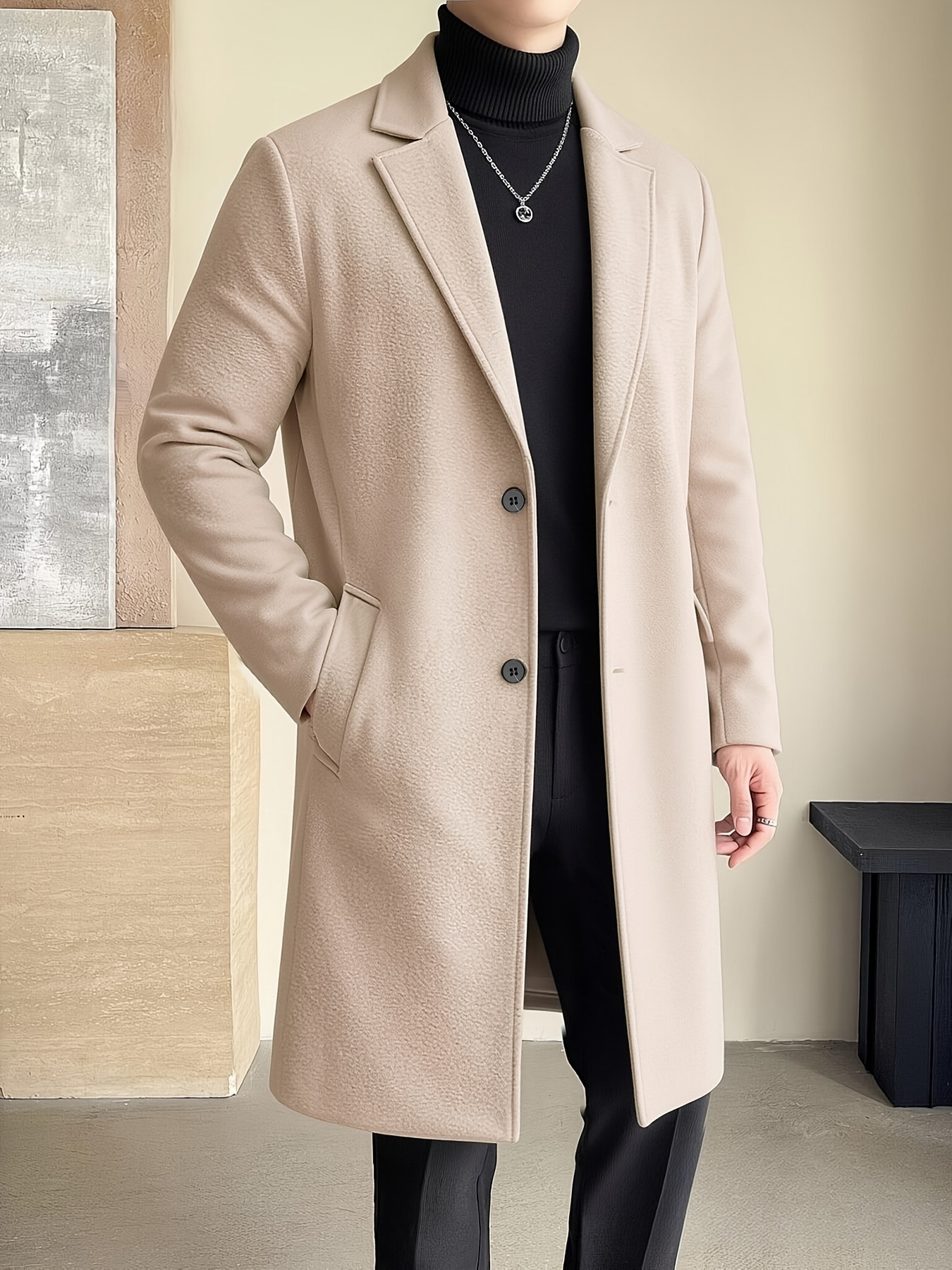 mens classic trench coat jacket front closure soft   with collar machine washable solid color overcoat suitable for business casual commuting office outdoor wear