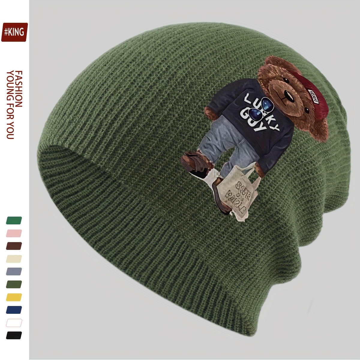 TEMU 1pc Cartoon Red Hat Teddy Bear Print Fashion Beanie Ski Hat, Korean-style Versatile Hat, Soft Warm Stylish Thermal Brimless Skull Cap, Casual