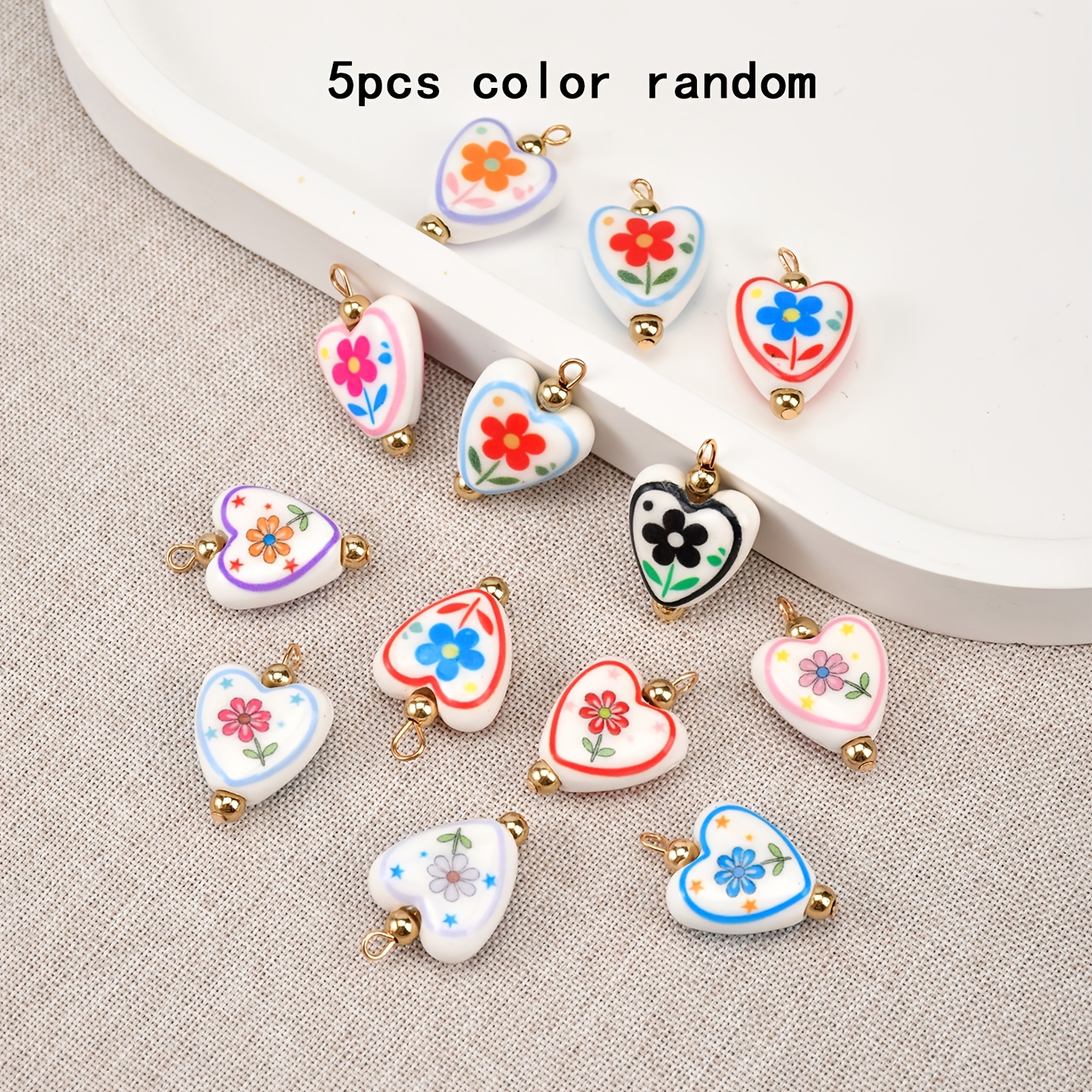 TEMU 5pcs Random Color Double-sided Small Floral Heart-shaped Ceramic Pendants, Ceramic Jewelry Accessories, Diy Creative Necklace And Earring
