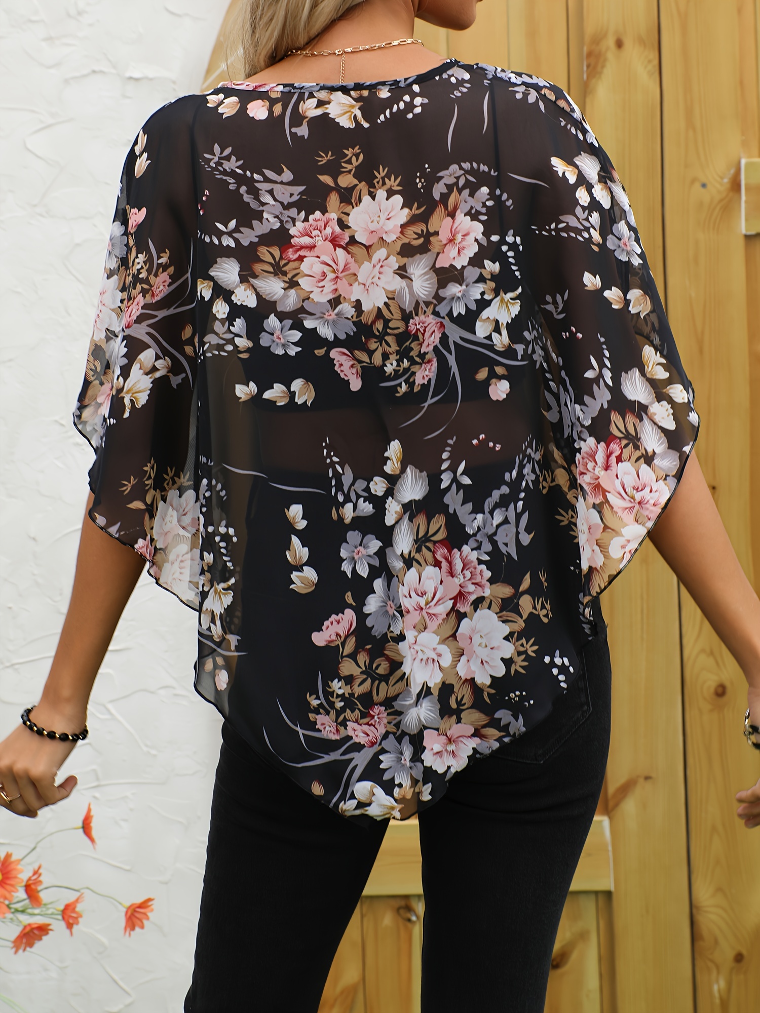 Floral Pattern Elegant Cover Up, Round Neck Semi-Sheer Beach Cover Up Top, Women's Swimwear & Clothing