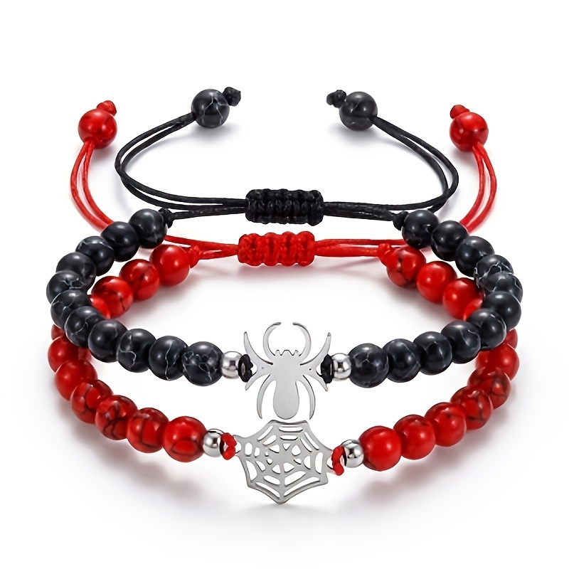 TEMU Ensemble de bracelets araignée pour couples, bracelet de perles en naturelle noire et blanche, accessoire de bijouterie Y2K Goth Punk, cadeau
