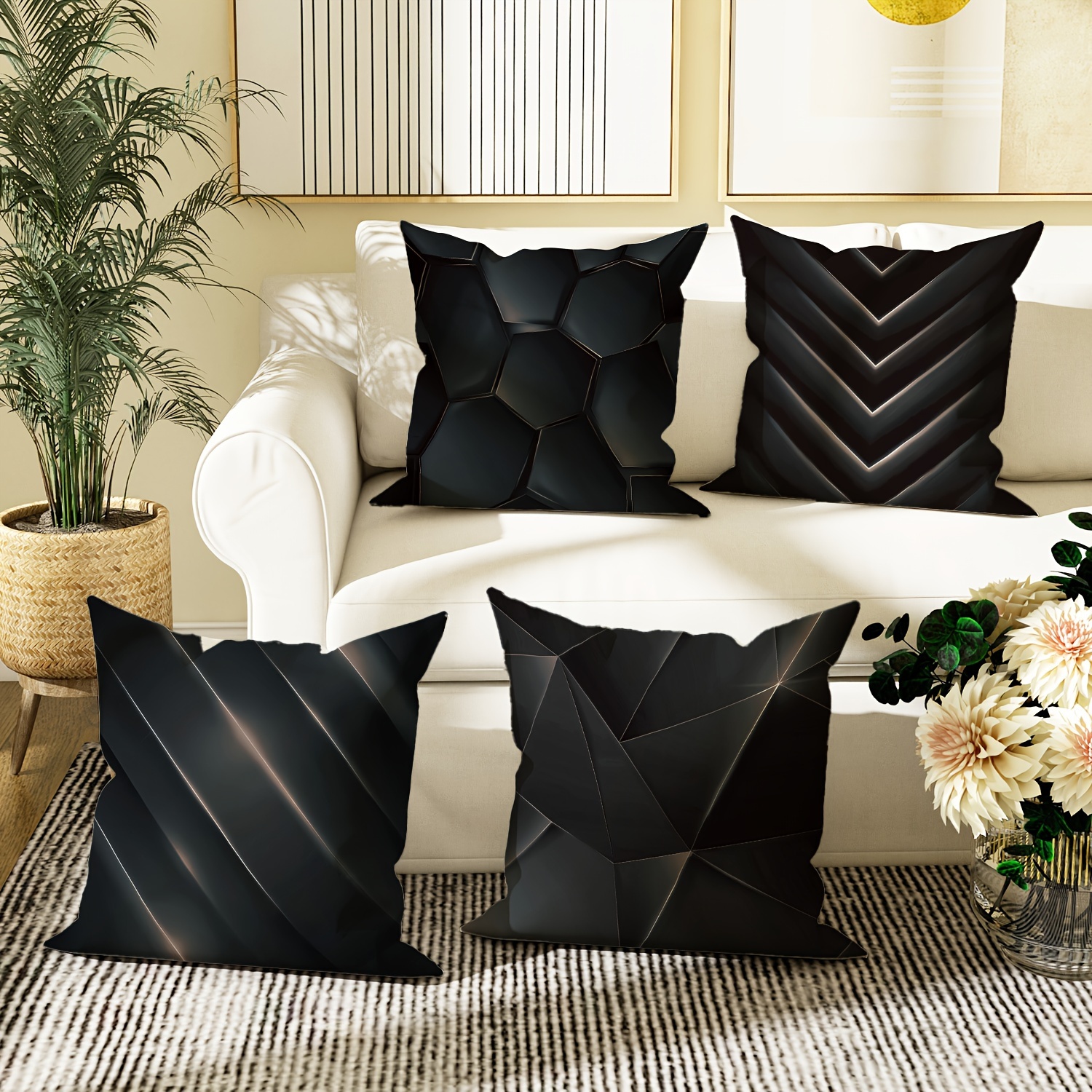 

4pcs Velvet Throw Pillow Covers Geometric Black Grey 3d Modern Abstract Decorative Pillowcases18in*18in For Living Room Bedroom Sofa Bed Decoration Without Pillow Inserts