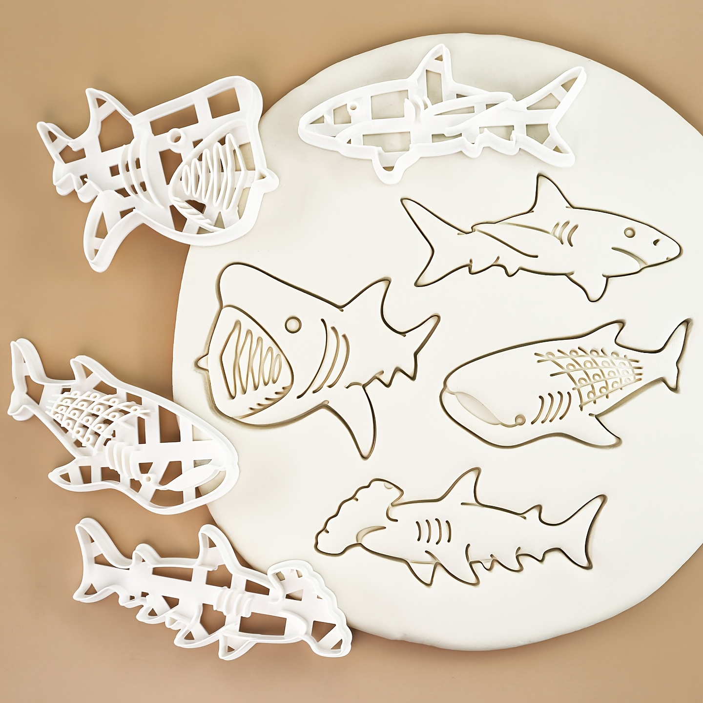 Image of Set Of 4 Cookie Cutters Featuring Shark Designs, Including , , And . 3d Molds Are Perfect For Baking, Fondant, And Cheese, Making Them Ideal For Birthdays, Thanksgiving, Christmas