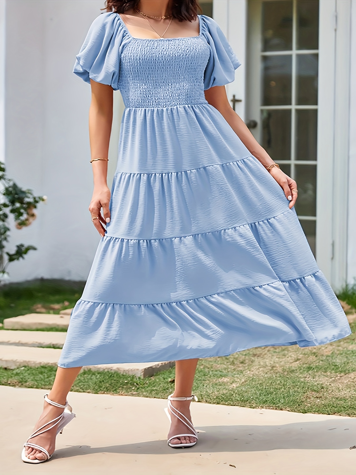 chic shoulder puff sleeve maxi dress versatile solid color