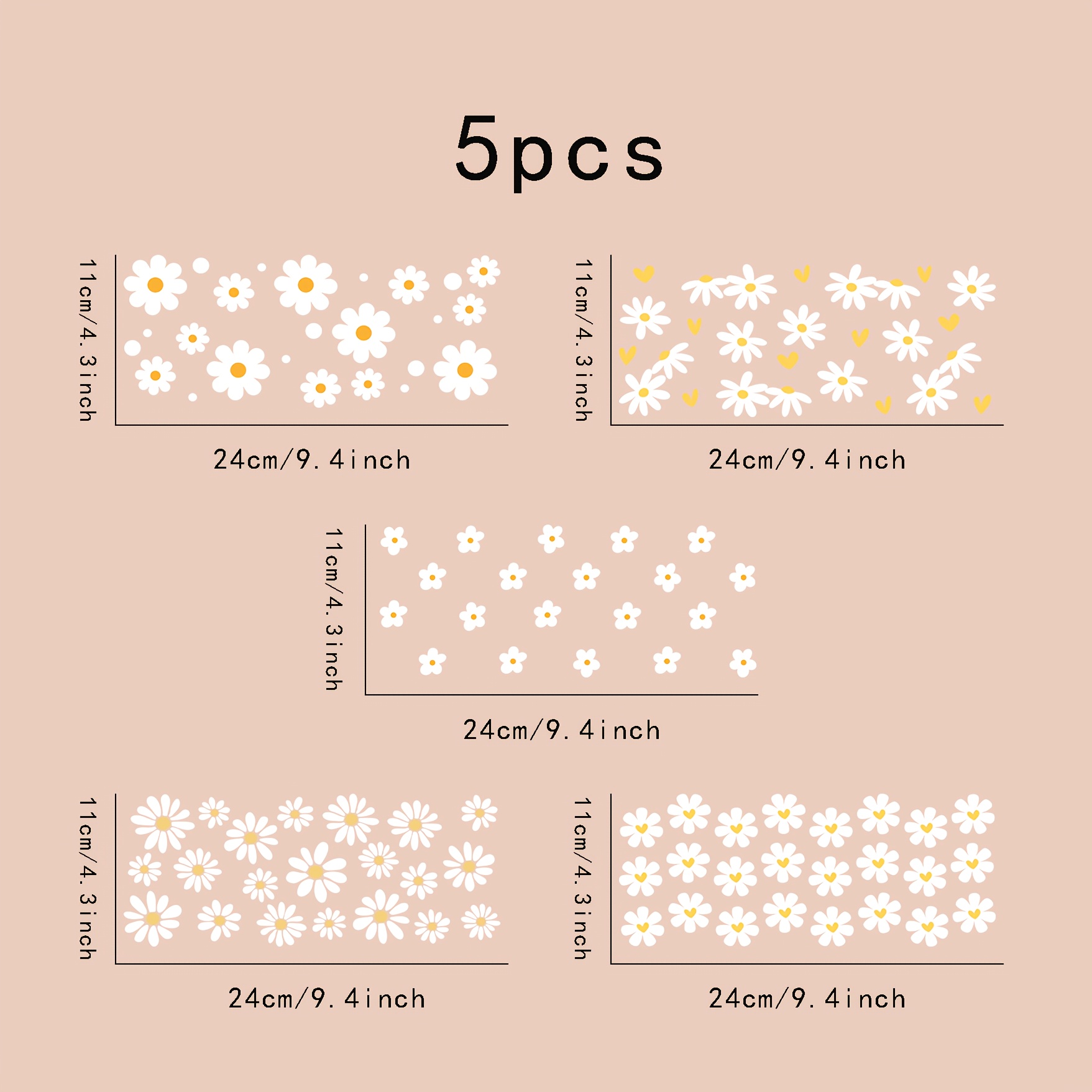 Image of A Set Of 5 Fresh And Daisy-themed Uv Dtf Transfer Papers, Suitable For 16-ounce Glass Cups And Water Bottles, 3d Crystal Labels, High Quality (11x24 Cm) 4.3x9.4 Inches - Made Of Plastic Material