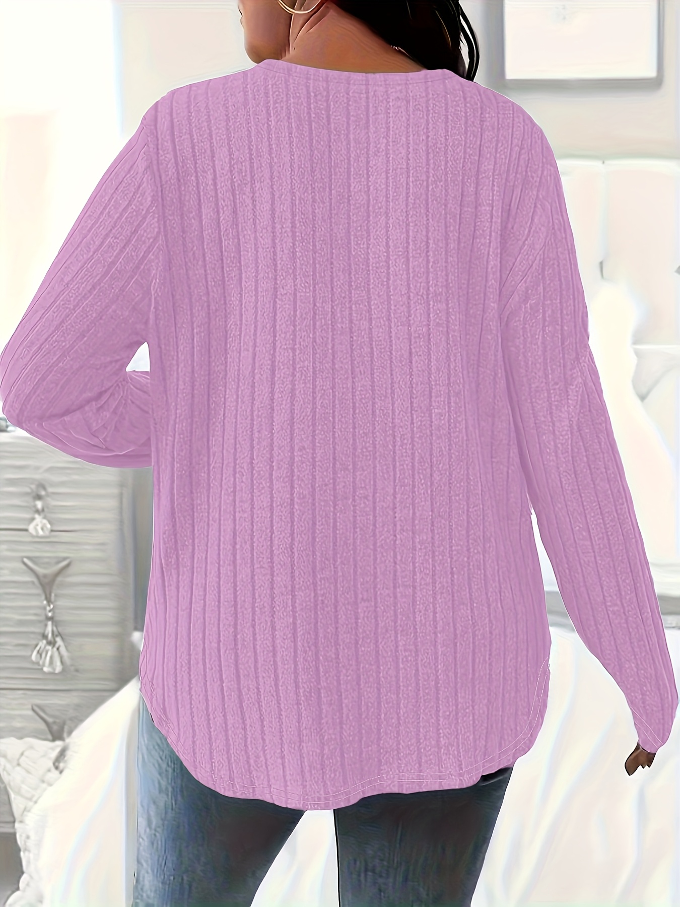 Plus Size - Women'S Plus Size V-Neck Ribbed T-Shirt - Soft, Lightweight & Stretchy Fabric, Long Sleeve Solid Color Top, Hand Washable, Perfect for Spring, Fall & Winter, Casual Wear, Allseason Top | Vneck Top | Medium Elasticity