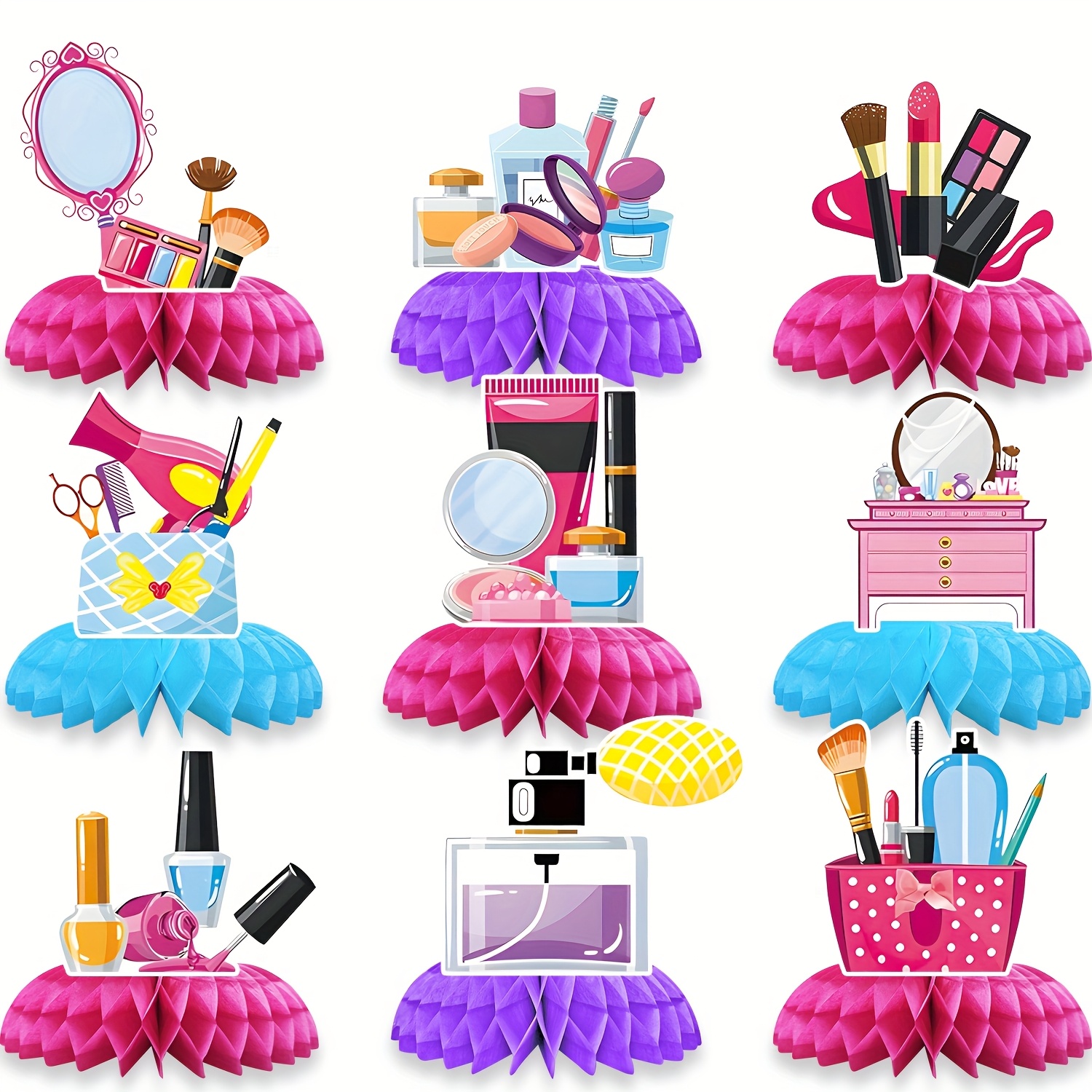 9pcs Spa Honeycomb Centerpieces Spa Table Topper Make up Table Decorations 3D Cosmetics Party Supplies Nail Lipstick Photo Booth Props for Make up Birthday Anniversary Party Supplies