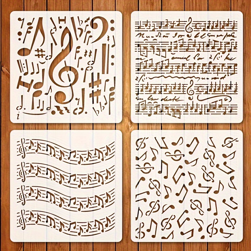 Image of Set Of 4 Musical Note Stencils, Reusable Painting Templates Measuring 5.51 X 5.51 Inches, Suitable For On Fabric, Canvas, Walls, Furniture, And Home Decor