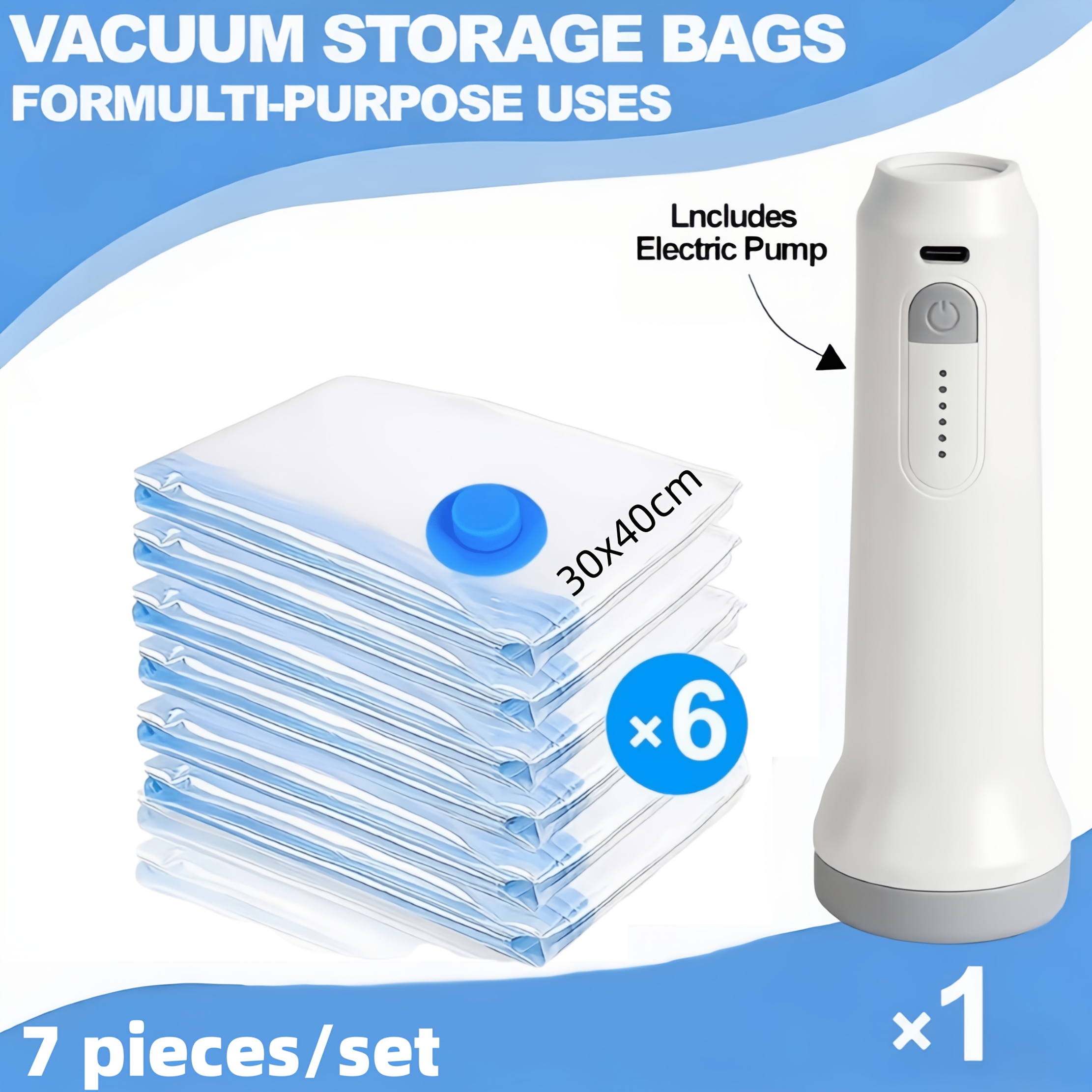 TEMU 7dílná sada - Různé velikosti, vakuové kompresní sáčky a USB elektrická vzduchová pumpa, s nabíjecím , 1500mAh ultra dlouhá výdrž baterie,