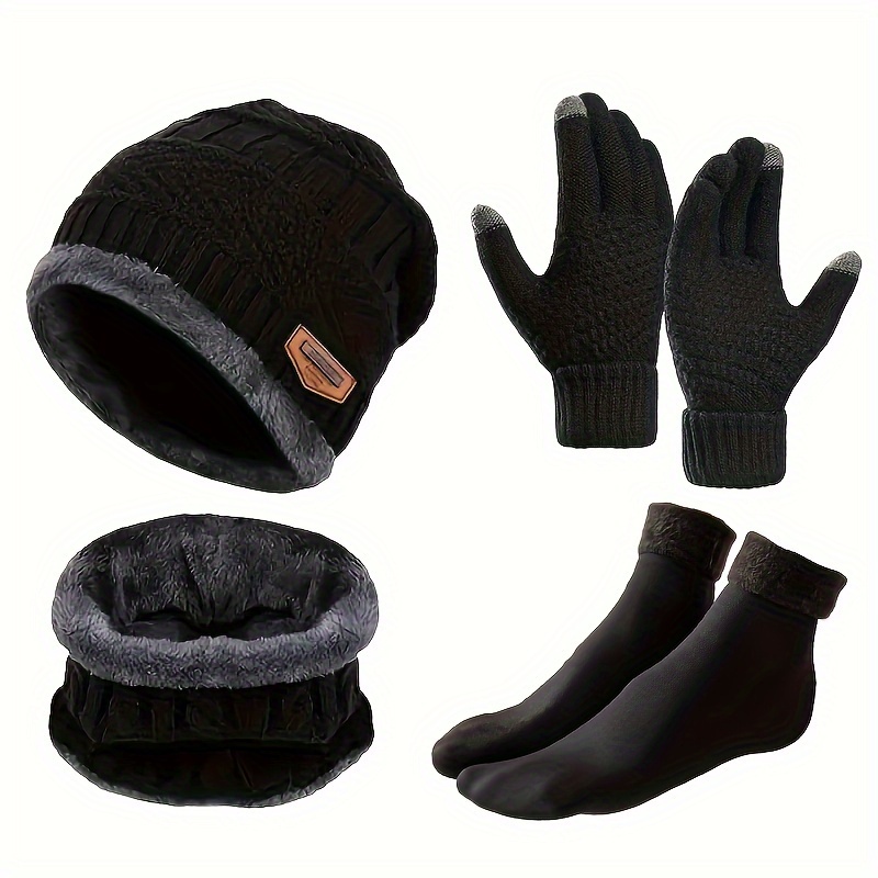 TEMU 4-piece Winter Warmth Accessory Set – Unisex Knit Beanie, Neck Scarf, Touchscreen-compatible , And , Solid Color Polyester, Mature Style, Gift-ready For Adults Over 15 Years Old