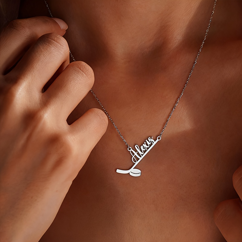 TEMU A Custom Stainless Steel Hockey Name Necklace, Personalized Golden Hockey Necklace, Pendant For Hockey Fans, Sports Jewelry