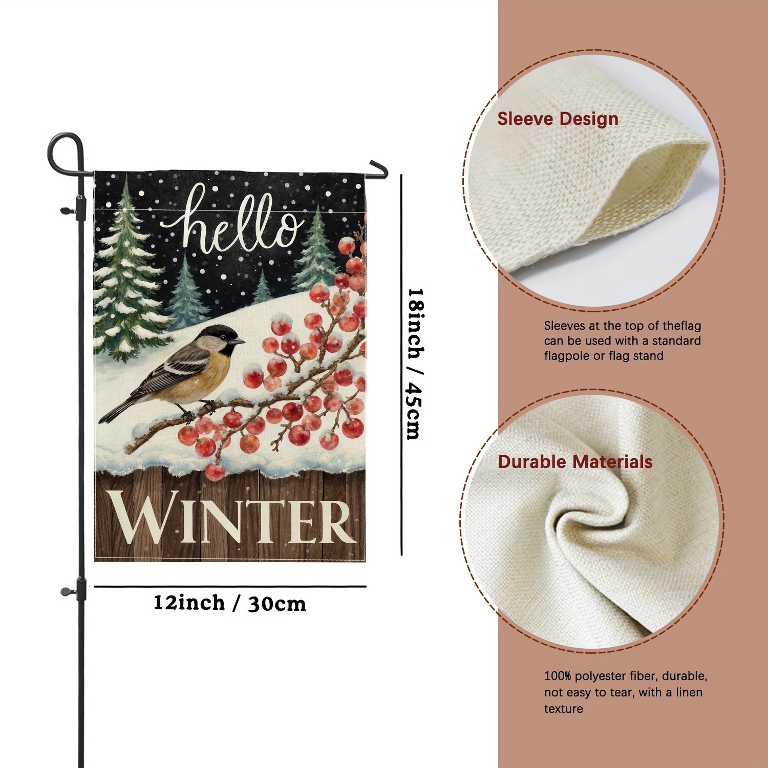 TEMU 1pc Bird House Flag, Winter Rustic Berries Pine Trees -sided Outdoor Decorative Porch Flag For Garden Decor , Yard, Lawn, Entrance, Balcony