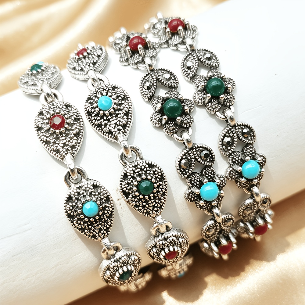 TEMU 4pcs Vintage Silvery Bohemian Unisex Stackable Bracelets, Floral Pattern Wrist Additions For Party, Gathering, And Vacation, Gift For Mom, , And