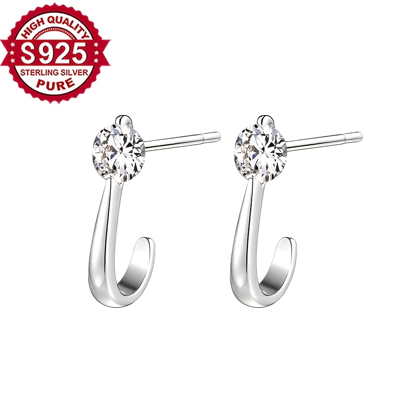 Women's S925 Silver Arched Hook Earrings with Sparkling Zirconia