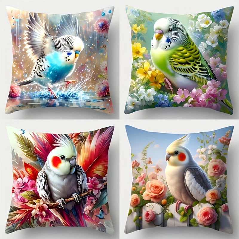 TEMU Ensemble de 4 taies d'oreiller perroquet | Imprimé floral coloré à une face, housses d'oreiller zippées avec support lombaire pour canapé de