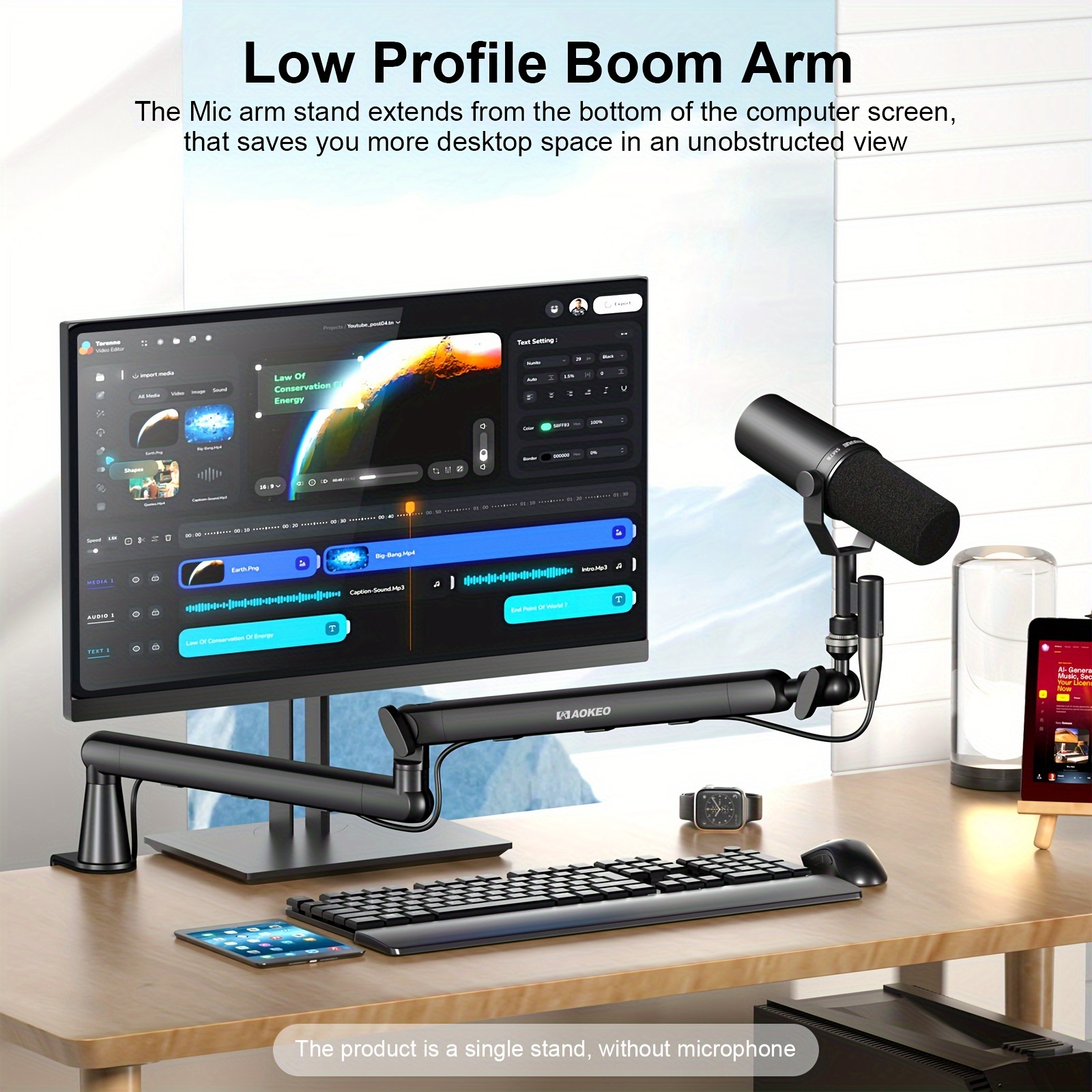Aokeo Microphone Arm, Boom Arm With Cable Management, Desktop Clamp, Versatile Setup, Fully Adjustable, Sturdy Microphone Stand For (ak-55 Black)