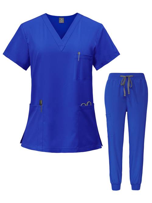 komplety odzieży medycznej dla pielęgniarek: bluza z dekoltem w i spodnie typu jogger, odzież chirurgiczna, odzież dentystyczna, strój pielęgniarski, odzież robocza dla lekarzy szpitalnych