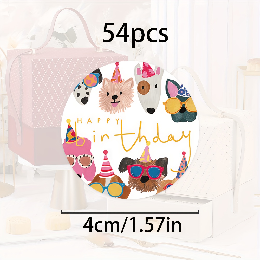 Image of 54pcs Round Stickers Featuring A "happy Birthday" Design With A Dog Wearing A Party Hat. Stickers Are Perfect For Birthday Gifts, Pet-themed Gifts, Greeting Cards, And More