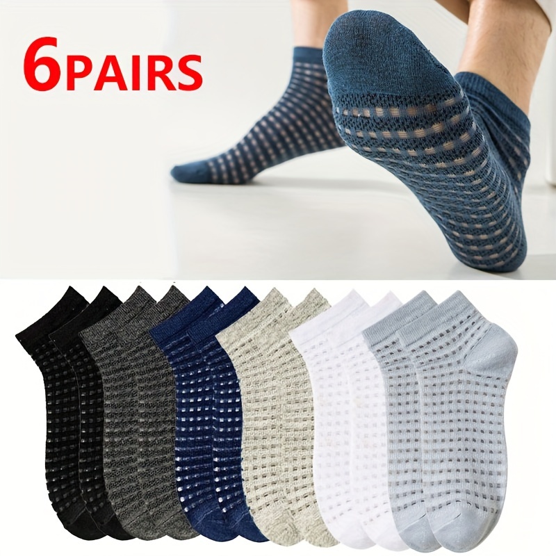 

6 Pairs Of Men's Simple Solid Liner Anklets Socks, Mesh Nylon Blend Comfy Breathable Soft Sweat Absorbent Socks For Men's Outdoor Summer Wearing