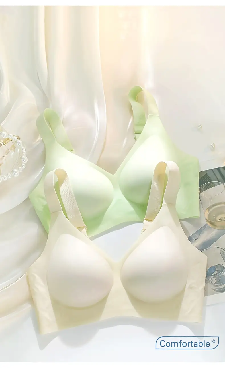 4pcs womens bras seamless wire free push up with bunny ear design anti sagging full coverage soft ice silky fiber fabric non removable padded cups elegant everyday black beige light green white lingerie smooth texture bra Product details 12