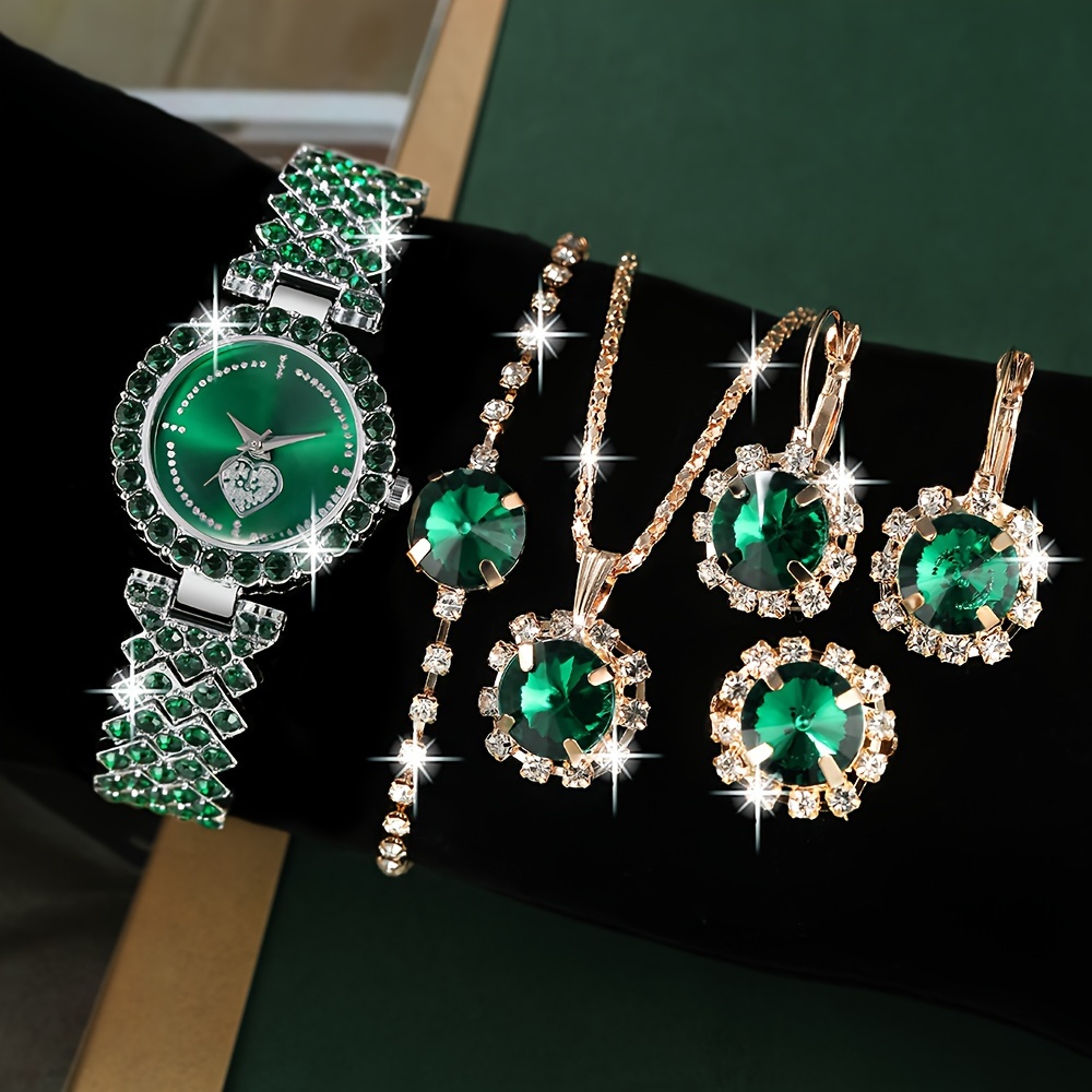 

6 Pcs Green Round Rhinestone Quartz Watch Alloy Strap Alloy Pointer Alloy Case And Rhinestone Bracelet Necklace Earrings Ring Jewelry For Women