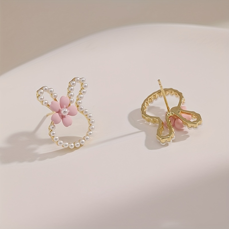1 pair cute bunny ear stud earrings with pink flower imitation pearl accents   hypoallergenic earrings for everyday party vacation whimsical cartoon jewelry gift for girls party accessories   accessories delicate     for teenager Product details 4