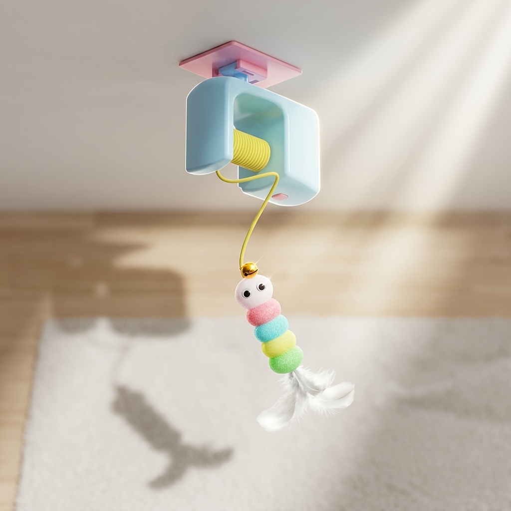 TEMU Automatic Lifting Cat Teaser Wand, No-drill Adhesive Electric Cat Toy Yoyo, Irregular Lifting Feather For Caterpillar Self-entertainment Cat Toy