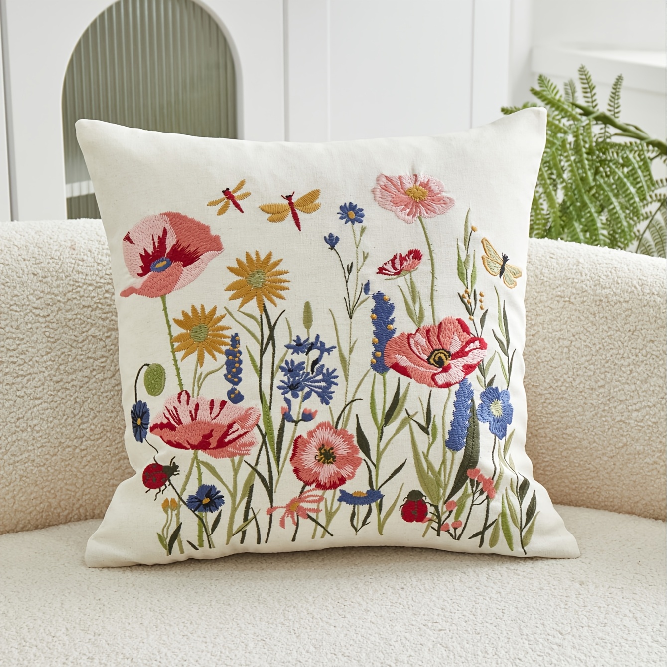 Image of 1pc And Flower 3d Embroidery Pillow Cover | Country-rustic Style, Mixed Color, Zipper Closure, Suitable For Room Types