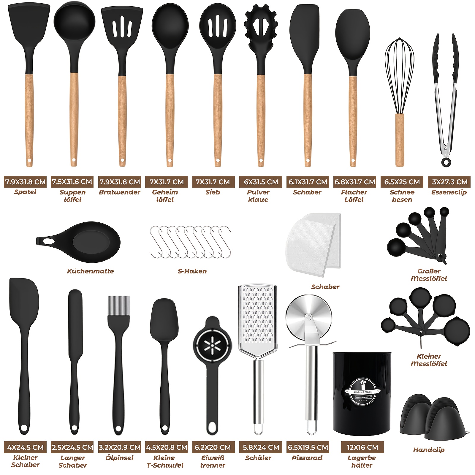TEMU 43pcs Silicone Kitchenware Accessory Set, Cookware Set, Tableware Set, Heat-resistant Silicone Kitchenware Set, Wooden Handle, Silicone Cooking