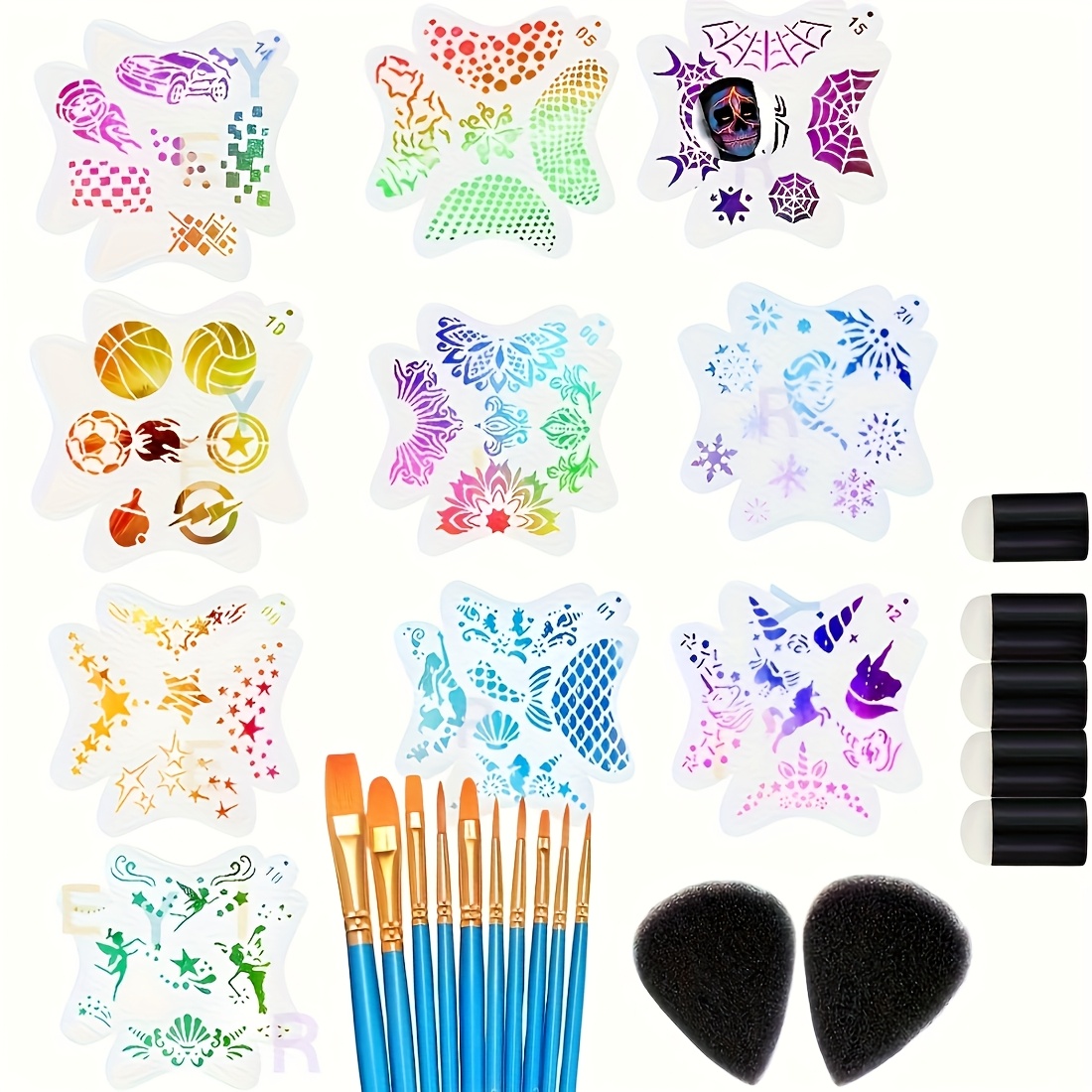 27pcs Face Painting Kit, 10 Reusable and Easy-to-Clean Stencils with Brushes,   10 Paintbrushes,   Sponges & 2 Teardrop Sponges –   Parties, Halloween, Music Festivals